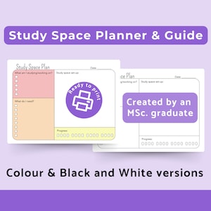 May include: A printable study space planner and guide with a purple "Ready to Print" icon. The planner is divided into two sections: "Study Space Plan" and "Ice Plan". Each section has space for listing what you are working on, study space set-up, what you need, and progress.