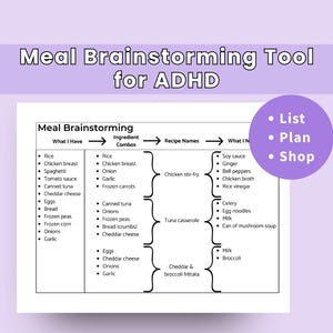 Meal Decision Support for ADHD | Brainstorm Meals + Grocery List PDF