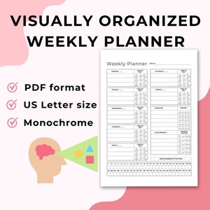 Może przedstawiać: Czarno-biały, drukowalny planer tygodniowy w formacie PDF. Planer zawiera sekcje na czas dnia, terminy, priorytety, cele/projekty oraz tabelę z numerem tygodnia roku. Planer jest przeznaczony do papieru w formacie US Letter.