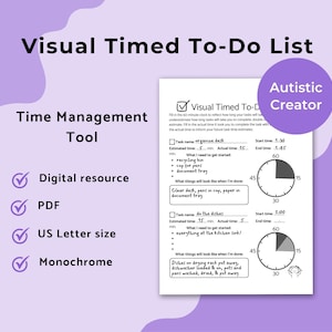 Könnte beinhalten: Eine schwarz-weiße druckbare visuelle zeitgesteuerte To-Do-Liste für Zeitmanagement. Die Druckvorlage enthält eine Checkliste, einen Platz zum Schreiben des Aufgabennamens, der geschätzten Zeit, der tatsächlichen Zeit, der Startzeit, der Endzeit und einen 60-Minuten-Timer mit einem schattierten Bereich, um die Zeit zu verfolgen. Der Text "Autistic Creator" befindet sich in der oberen rechten Ecke.