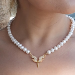 Gold Angel Wings Pearl Necklace: Dainty Wedding Pendant