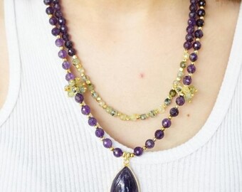 Amethyst Peridot Double Strand Necklace, Gold Accent Gemstone Pendant, February August Birthstone