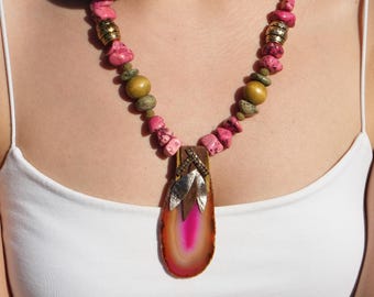Handmade Jewelry Pink Turquoise Natural stone Statement necklace with Large Stones Women's Necklace