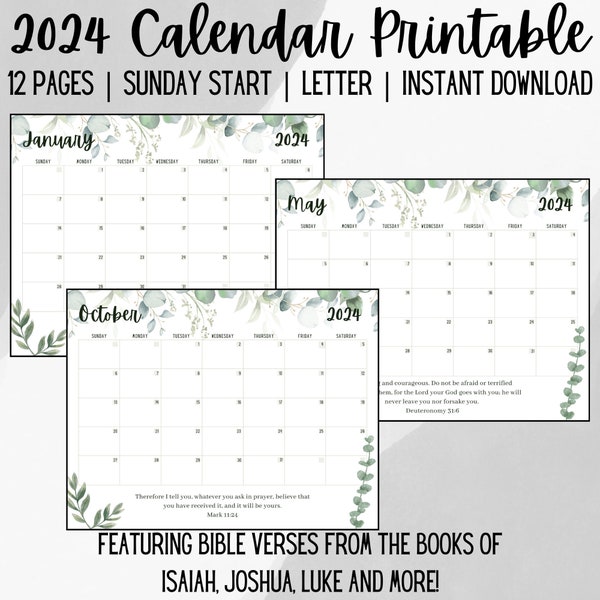Calendar | Themed | Print | 2024 | Downloadable | Printable | New | Month by Month | Floral | Green | Greenery | Bible | God | Verses