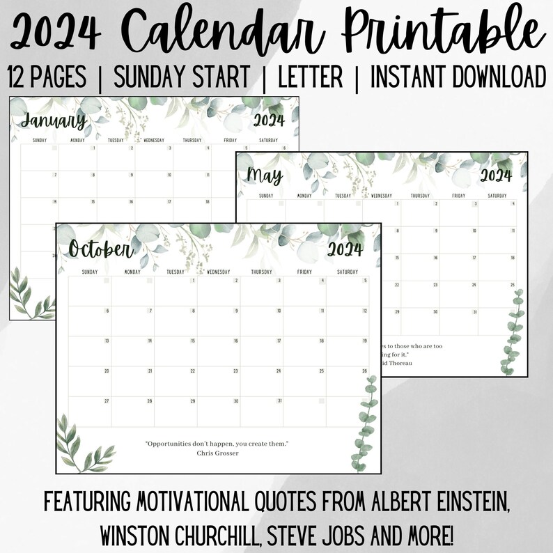 Calendar Motivation Print 2024 Downloadable Printable New Month Quotes ...