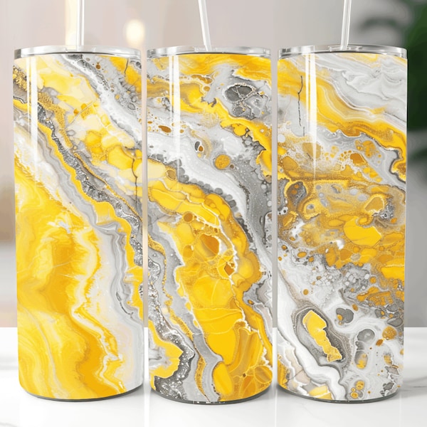 Yellow/Gold and Silver Marble Art Tumbler Designs  20 Oz Skinny Tumbler Template Tumbler Wrap PNG Sublimation TumblerWraps PNG Tumbler Gift