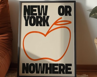 New York Stampa City Wall Art Illustrazione di mele Poster di New York Tipografia urbana Minimalista Disegnato a mano Scarabocchio Download digitale Arredamento moderno per la casa