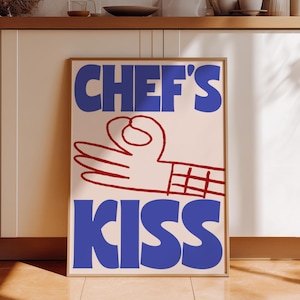 Stampa da cucina, poster rosso e blu con bacio degli chef, arte murale, opera d'arte gastronomica, scarabocchi disegnati a mano, illustrazione alla moda e audace, formato A4, A3, A2, stampa fisica