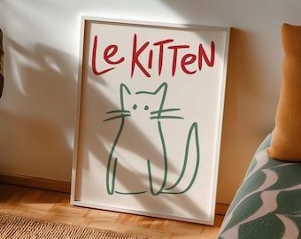 Hand Drawn Cat Print Le Kitten Wall Art Funny Cat Lover Poster French Neutral Aesthetic Home Decor Trendy Illustration Modern Cool Gift
