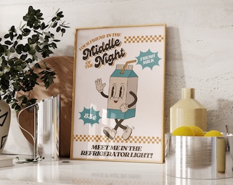 Retro Mascot Poster Milk Carton Print Cute Vintage Style Wall Art Classic Milk Advert Decor Retro Dairy Farm Kitchen Gift Foodie Home Decor