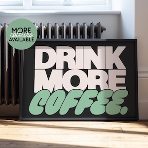 Stampa di caffè retrò, arte murale orizzontale nera alla moda, arredamento per la casa con design grafico urbano, stampa fisica in formato A4, A3 e A2, stampa artistica divertente e accattivante per la cucina