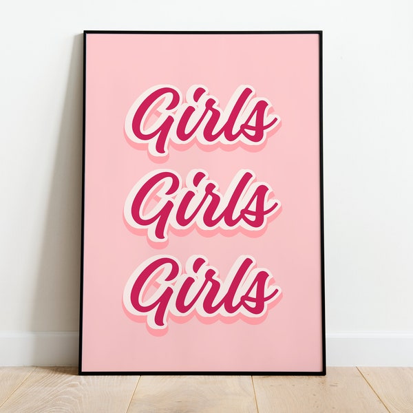Girls Girls Girls Print Trendy Wall Art Digital Artwork Pink Retro Typography Home Decor Vintage Style Download Girly Aesthetic Printable