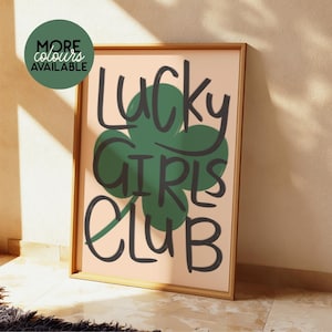 Impresión artística de chicas afortunadas, arte de pared dibujado a mano, póster positivo de moda, impresión de arte de pared de afirmación, trébol de cuatro hojas, decoración de pared para dormitorio de niñas, lindo