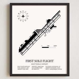 First Solo Flight Framed Print, ANY AIRPORT, Customizable Detailed Framed Airport Map, Pilot Gift