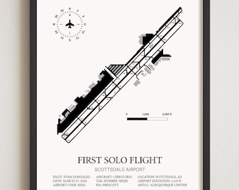 First Solo Flight Framed Print, ANY AIRPORT, Customizable Detailed Framed Airport Map, Pilot Gift