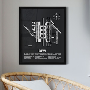 May include: A black and white airport map print with the text "DFW Dallas Fort Worth International Airport" and airport details. The map is framed in a black frame.
