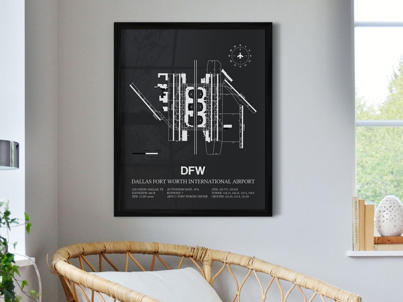 May include: A black and white airport map print with the text "DFW Dallas Fort Worth International Airport" and airport details. The map is framed in a black frame.