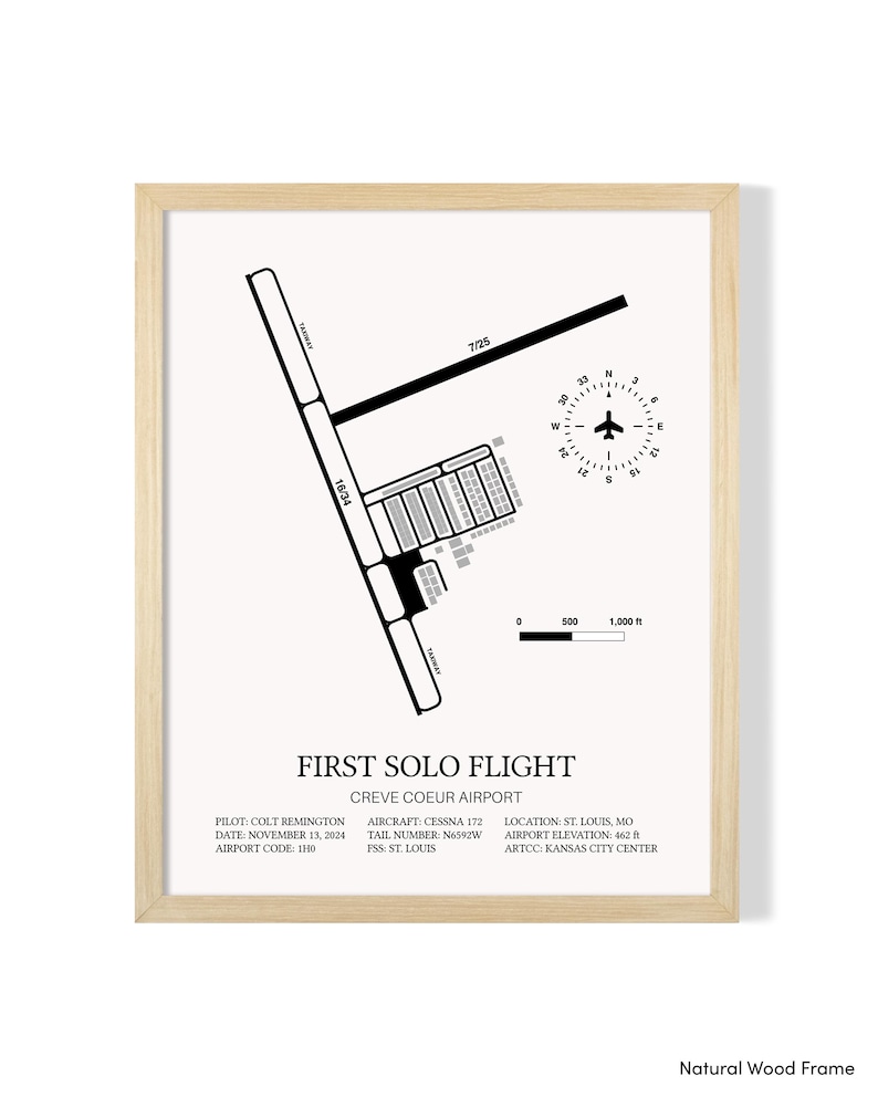 Stampa incorniciata del primo volo da solista, QUALSIASI AEROPORTO, mappa dell'aeroporto dettagliata e personalizzabile, regalo per piloti immagine 8