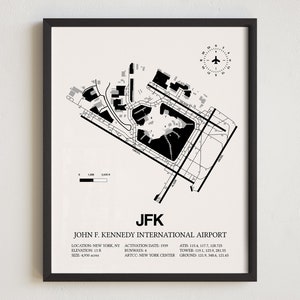 Mapa del aeropuerto JFK, impresión enmarcada del aeropuerto internacional John F. Kennedy, decoración de aviación, regalo de piloto