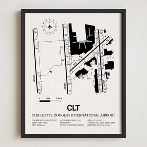 CLT Airport Map, Charlotte Douglas International Airport, gerahmter Druck, Luftfahrt Dekor, Pilot Geschenk