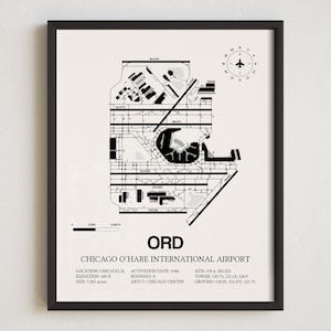 Mapa del aeropuerto ORD, impresión enmarcada del aeropuerto internacional O'Hare de Chicago, decoración de aviación, regalo de piloto