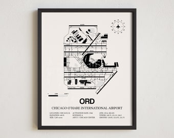 Carte de l'aéroport ORD, impression encadrée de l'aéroport international de Chicago O'Hare, décoration aviation, cadeau de pilote