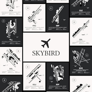 Pu&ograve; includere: Un'illustrazione in bianco e nero di layout aeroportuali per diverse citt&agrave; degli Stati Uniti. L'illustrazione include il codice e il nome dell'aeroporto per ogni aeroporto. L'illustrazione &egrave; intitolata "Skybird".