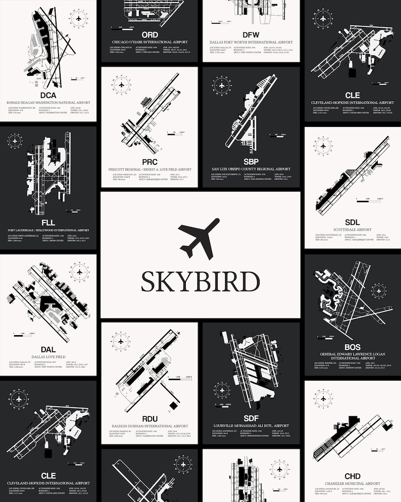 Pu&ograve; includere: Un'illustrazione in bianco e nero di layout aeroportuali per diverse citt&agrave; degli Stati Uniti. L'illustrazione include il codice e il nome dell'aeroporto per ogni aeroporto. L'illustrazione &egrave; intitolata "Skybird".