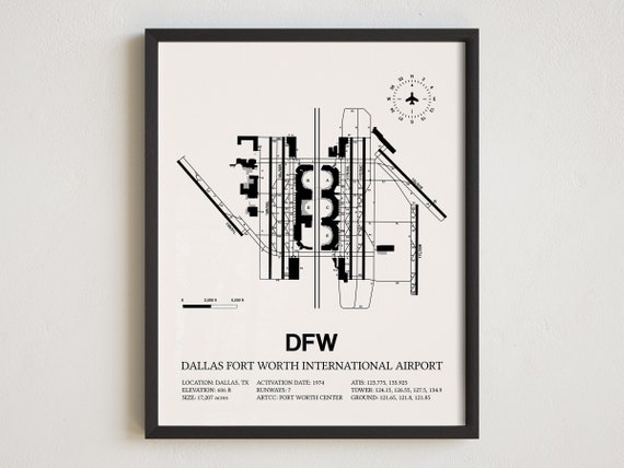 DFW Airport Map, Dallas Fort Worth International Airport Art Framed Print, Aviation Decor, Pilot Gift