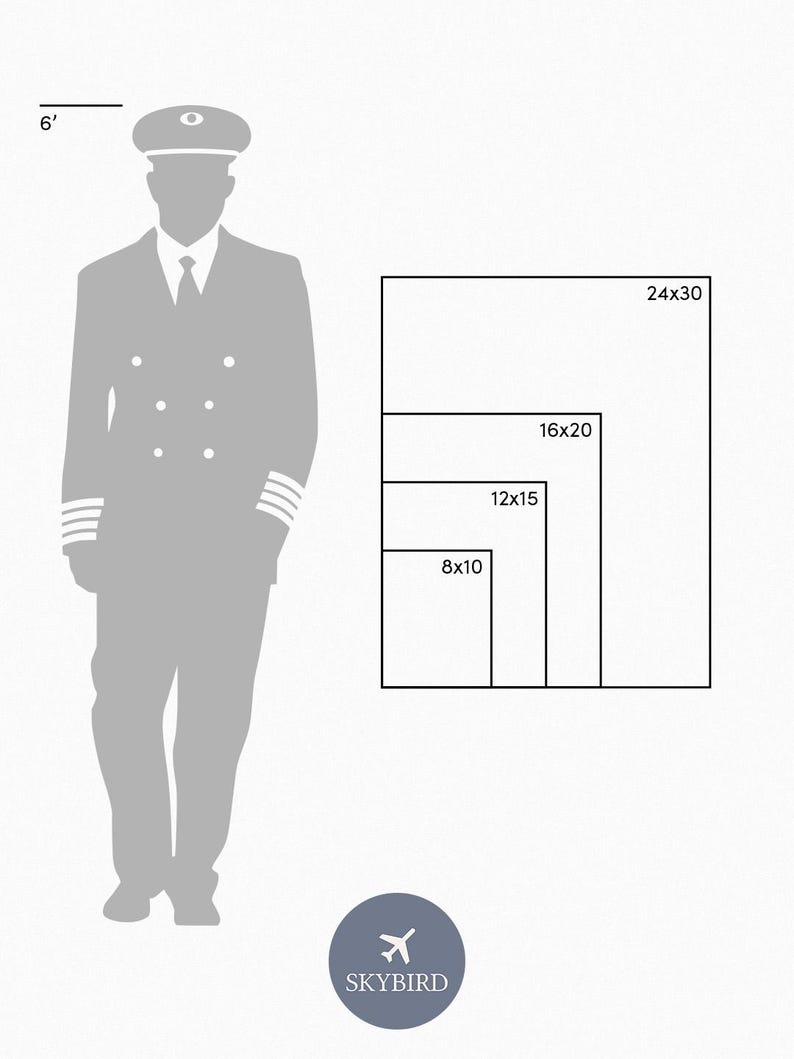 Pu&ograve; includere: Un diagramma che mostra diverse dimensioni di stampe disponibili, tra cui 8x10 pollici, 12x15 pollici, 16x20 pollici e 24x30 pollici. Il diagramma include anche una silhouette di una persona in piedi alta 6 piedi per la scala.