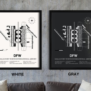 May include: Two framed prints of the Dallas Fort Worth International Airport (DFW) layout. The print on the left has a white background and the print on the right has a gray background. Both prints feature the airport code "DFW" and the airport name "Dallas Fort Worth International Airport".