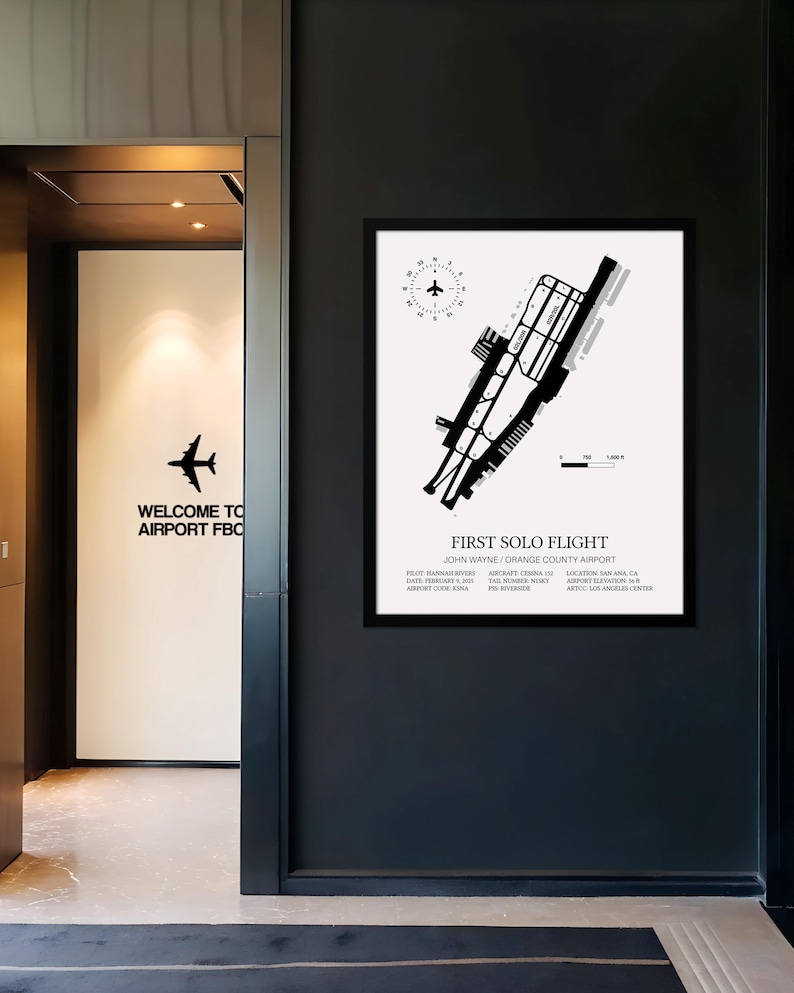Stampa incorniciata del primo volo da solista, QUALSIASI AEROPORTO, mappa dell'aeroporto dettagliata e personalizzabile, regalo per piloti immagine 7