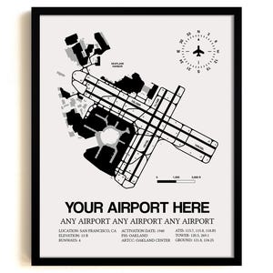 Benutzerdefinierte Flughafen Karte, BELIEBIGER FLUGHAFEN, kundenspezifischer detaillierter gerahmter Druck, Luftfahrtdekor, Pilotengeschenk