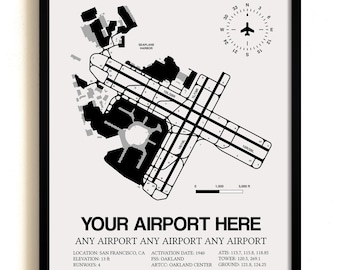 Custom Airport Map, ANY AIRPORT, Customizable Detailed Framed Print, Aviation Decor, Pilot Gift