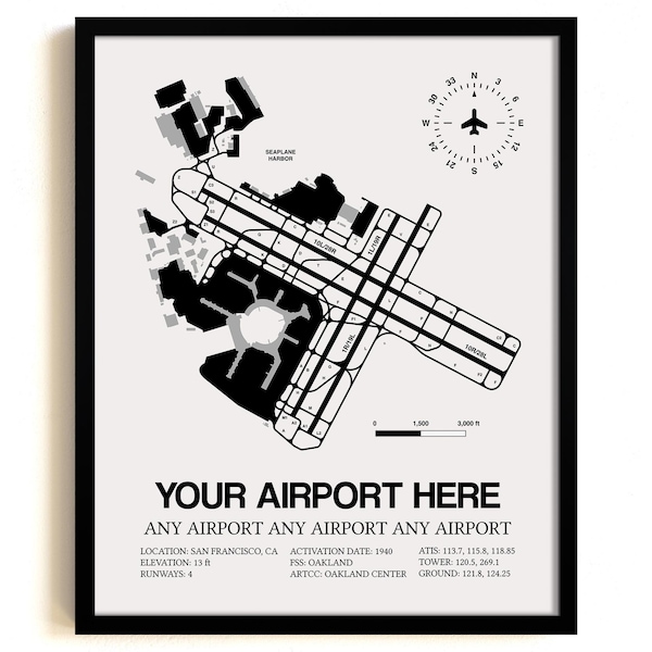 Mapa de aeropuerto personalizado, CUALQUIER AEROPUERTO, Impresión enmarcada detallada y personalizable, Decoración de aviación, Regalo para piloto