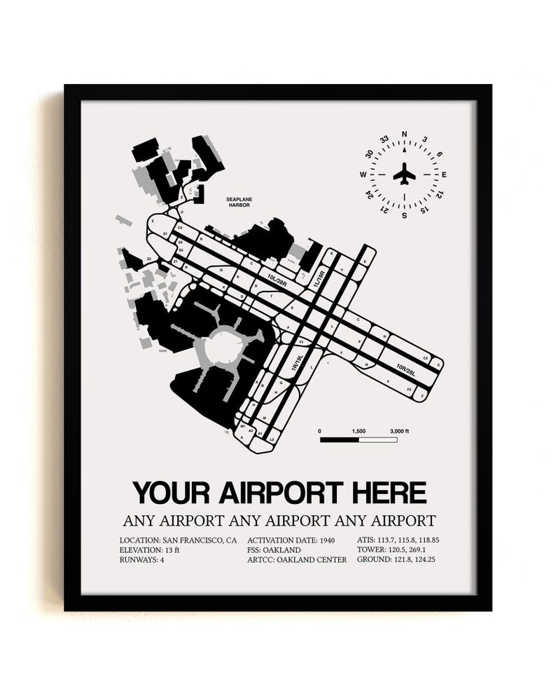 Custom Airport Map, ANY AIRPORT, Customizable Detailed Framed Print, Aviation Decor, Pilot Gift White w/ Black Frame