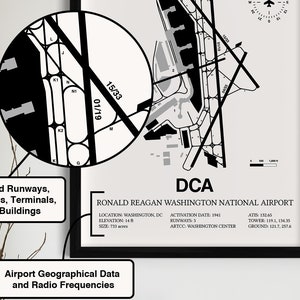 Carte de l'aéroport DCA, impression encadrée de l'aéroport national Ronald Reagan de Washington, décoration aviation, cadeau de pilote image 2