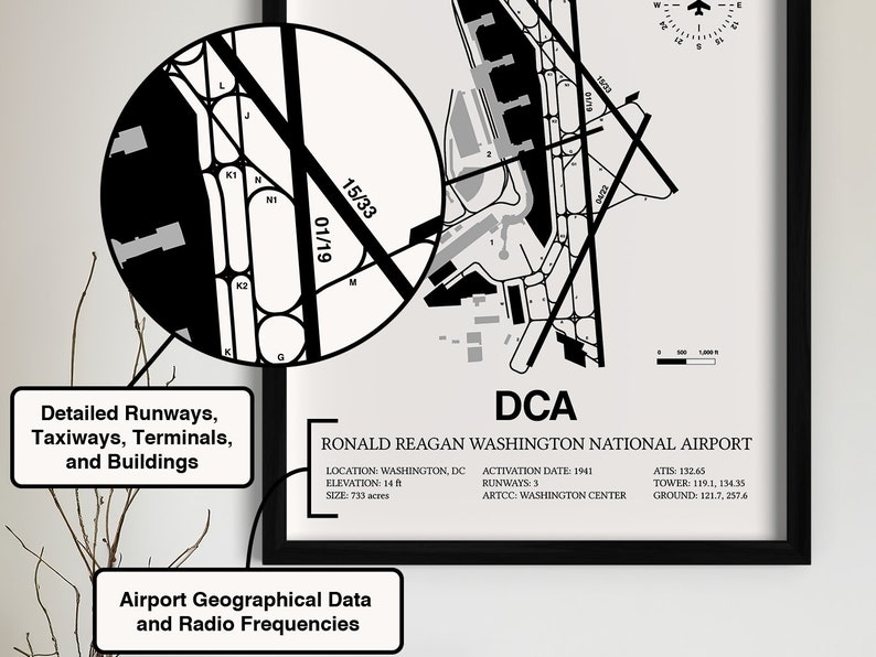 Carte de l'aéroport DCA, impression encadrée de l'aéroport national Ronald Reagan de Washington, décoration aviation, cadeau de pilote image 2