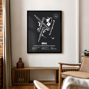Custom Airport Map, ANY AIRPORT, Customizable Detailed Framed Print, Aviation Decor, Pilot Gift Gray w/ Black Frame