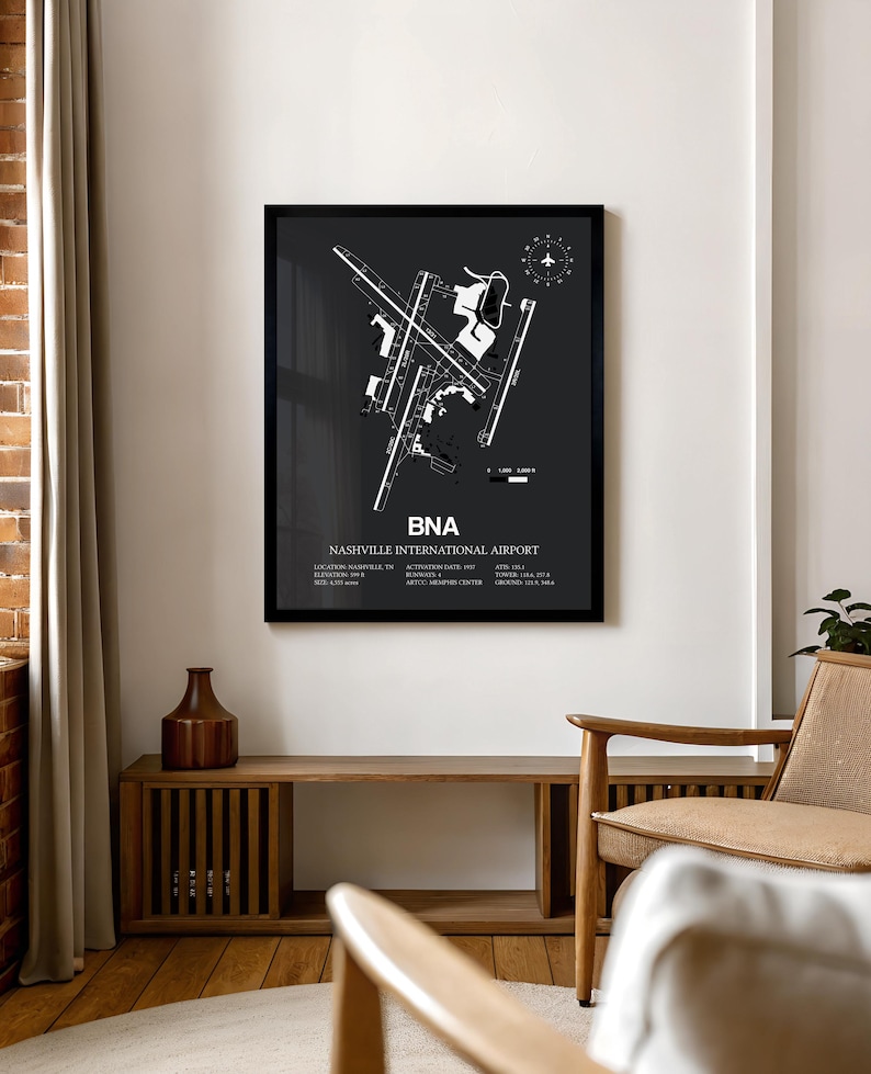 Custom Airport Map, ANY AIRPORT, Customizable Detailed Framed Print, Aviation Decor, Pilot Gift Gray w/ Black Frame