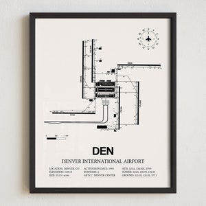 Mapa del aeropuerto DEN, impresión enmarcada del aeropuerto internacional de Denver, decoración de aviación, regalo de piloto