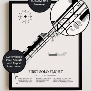 Pu&ograve; includere: Un'illustrazione in bianco e nero di una disposizione di pista per l'aeroporto di Scottsdale. L'illustrazione include una bussola, numeri di pista, segni di taxiway e il testo "FIRST SOLO FLIGHT".