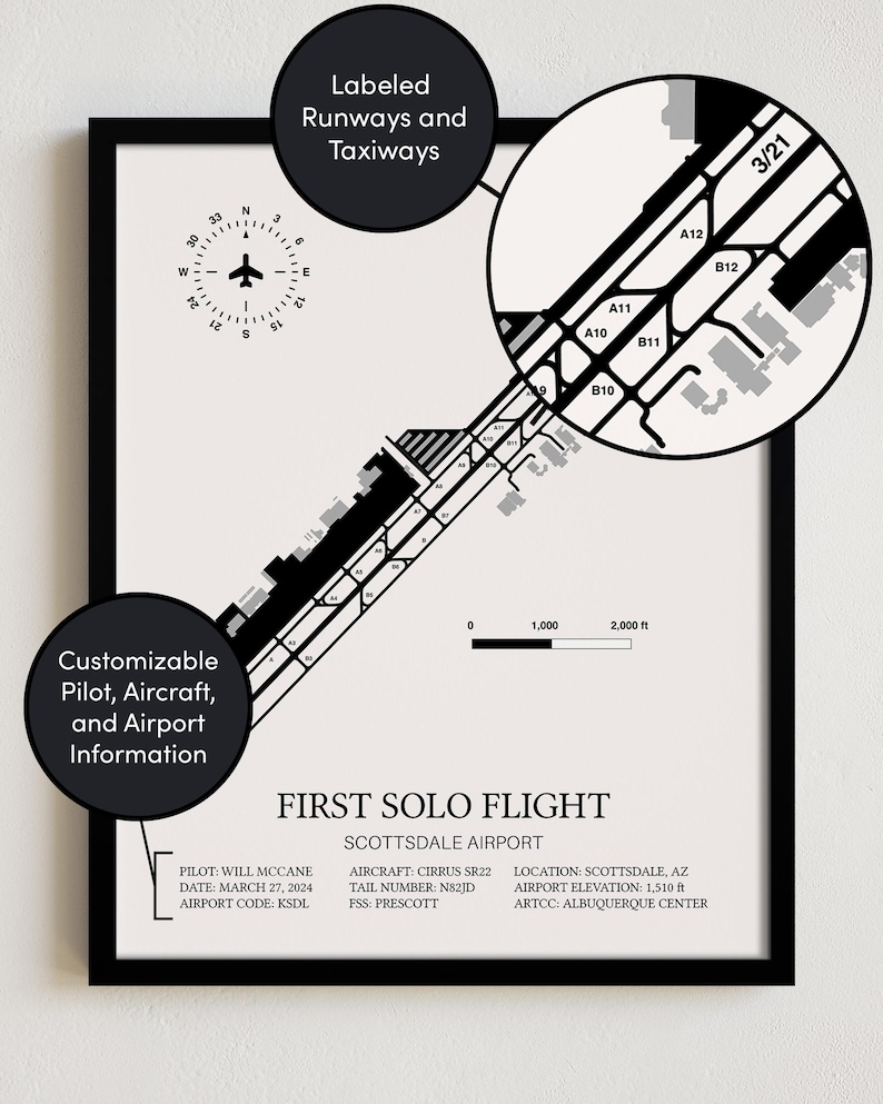 Pu&ograve; includere: Un'illustrazione in bianco e nero di una disposizione di pista per l'aeroporto di Scottsdale. L'illustrazione include una bussola, numeri di pista, segni di taxiway e il testo "FIRST SOLO FLIGHT".