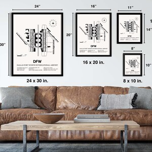 May include: A black and white illustration of the Dallas Fort Worth International Airport (DFW) layout. The illustration shows the airport terminals, runways, and taxiways. The image is available in three sizes: 8 x 10 inches, 11 x 14 inches, and 24 x 30 inches.