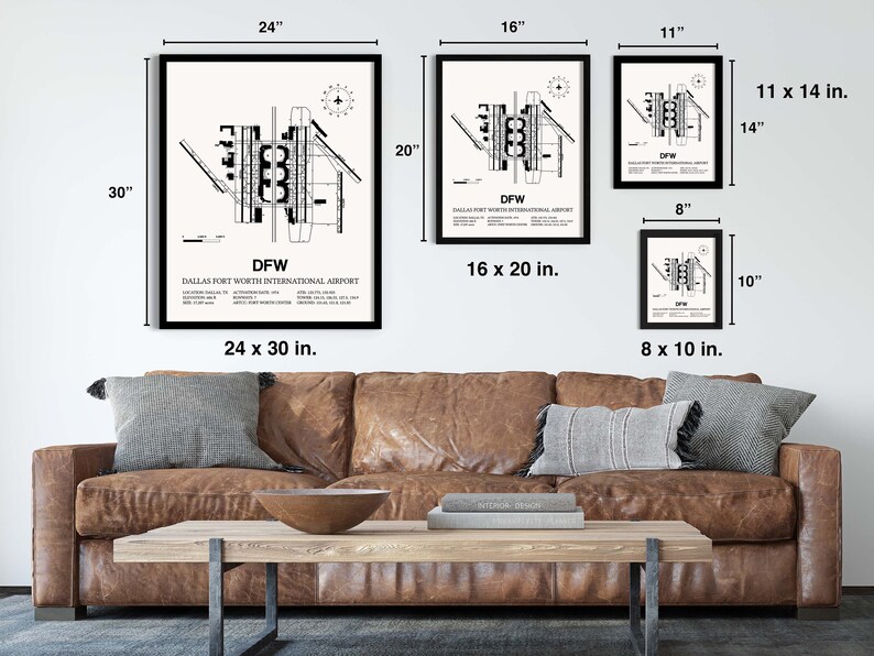May include: A black and white illustration of the Dallas Fort Worth International Airport (DFW) layout. The illustration shows the airport terminals, runways, and taxiways. The image is available in three sizes: 8 x 10 inches, 11 x 14 inches, and 24 x 30 inches.