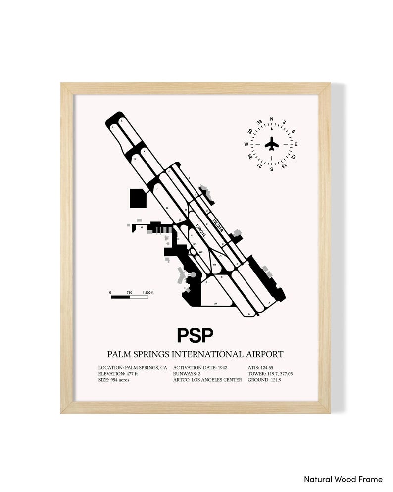 Custom Airport Map, ANY AIRPORT, Customizable Detailed Framed Print, Aviation Decor, Pilot Gift White w/NaturalFrame