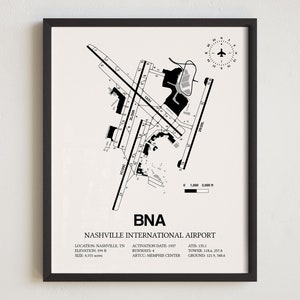 Mapa del aeropuerto BNA, impresión enmarcada del aeropuerto internacional de Nashville, decoración de aviación, regalo para pilotos