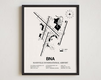 Carte de l'aéroport BNA, impression encadrée de l'aéroport international de Nashville, décoration aviation, cadeau de pilote