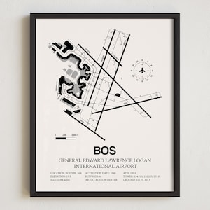 BOS Airport Map, gerahmter Druck des Internationalen Flughafens General Edward LA Accesso, Dekoration als Geschenk für Piloten