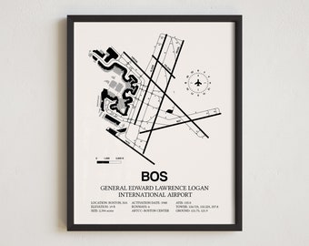 Carte de l'aéroport BOS, impression encadrée de l'aéroport international General Edward Lawrence Logan, décoration aviation, cadeau de pilote